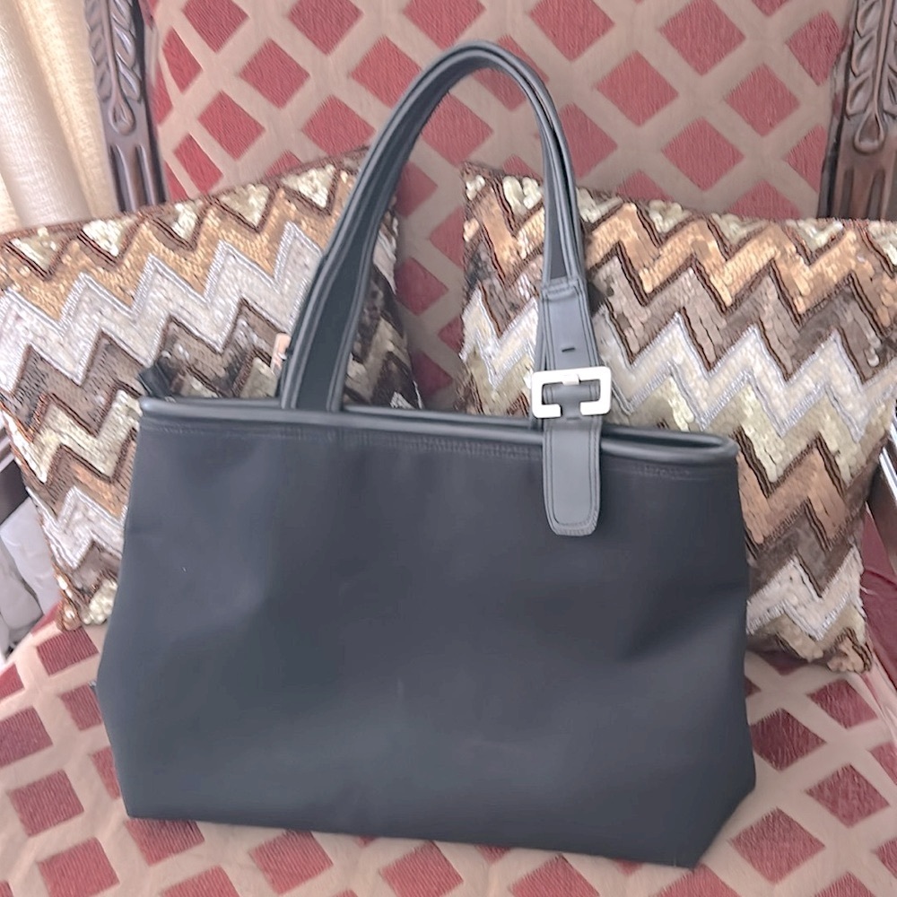 Ann Klein Black Tote hand bag vintage fabric faux leather 3 compartments, large - Picture 3 of 17